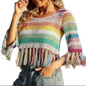 GYK Colorful Crochet Fringe Top Hollow Out Crochet Pullover Size Large